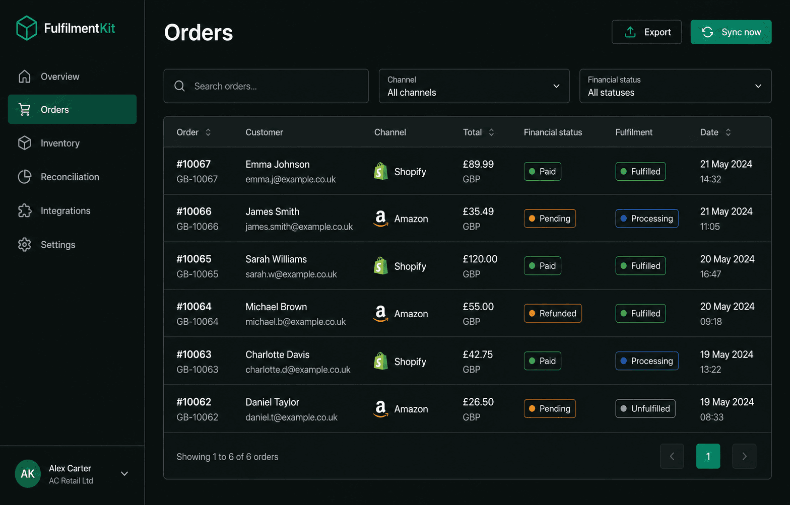 FulfilmentKit orders workspace with financial and fulfilment statuses